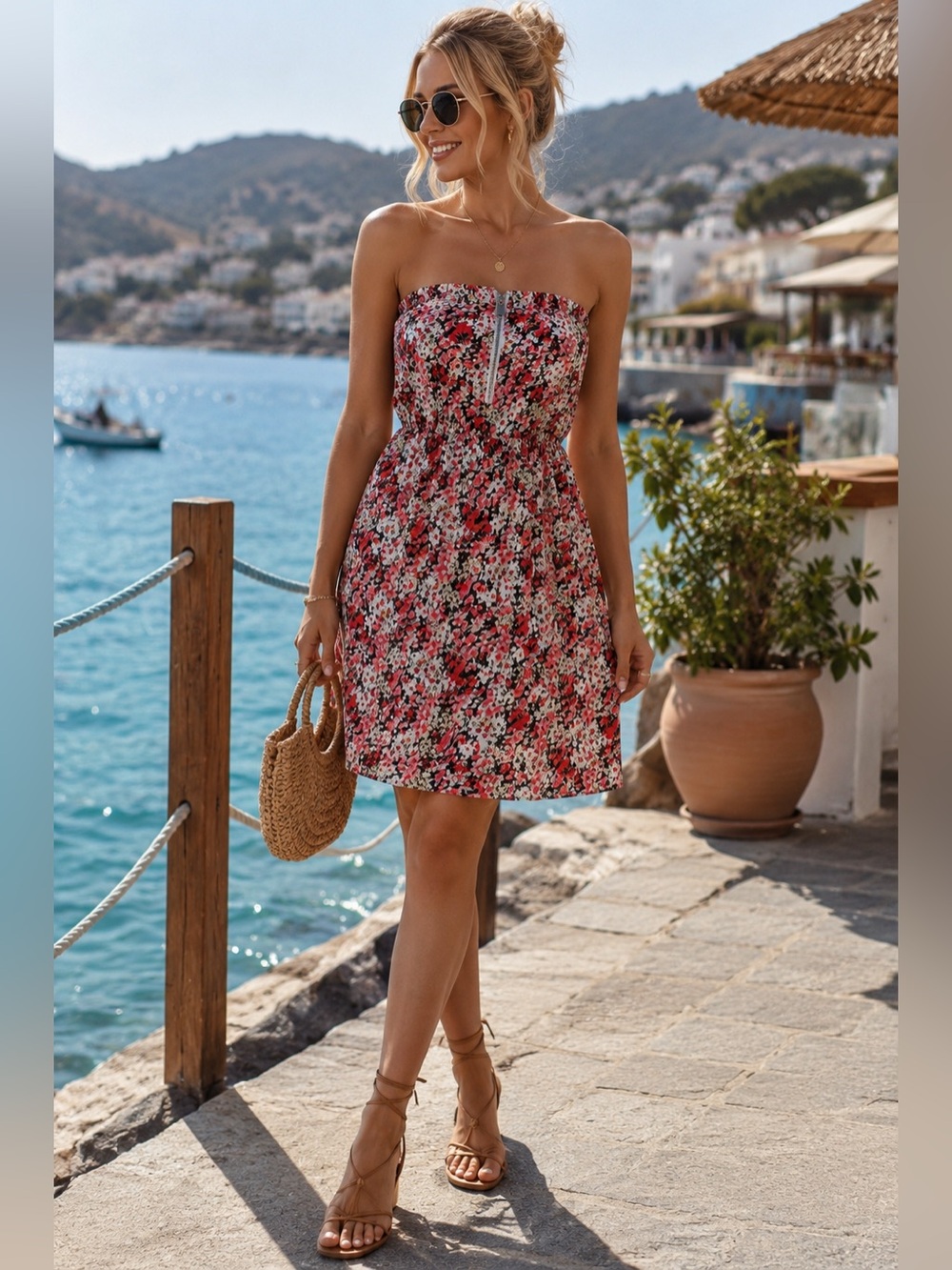 New Look Strapless Floral Dress | Functional Front Zip | Lined | Size M